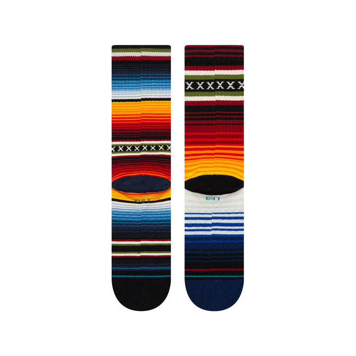 Pair of colorful striped socks on a white background