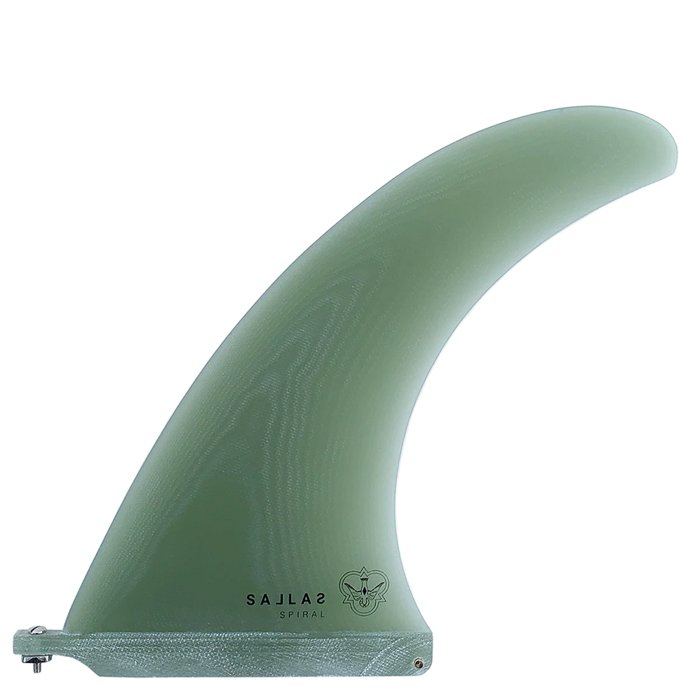 Green surf fin with branding on a white background
