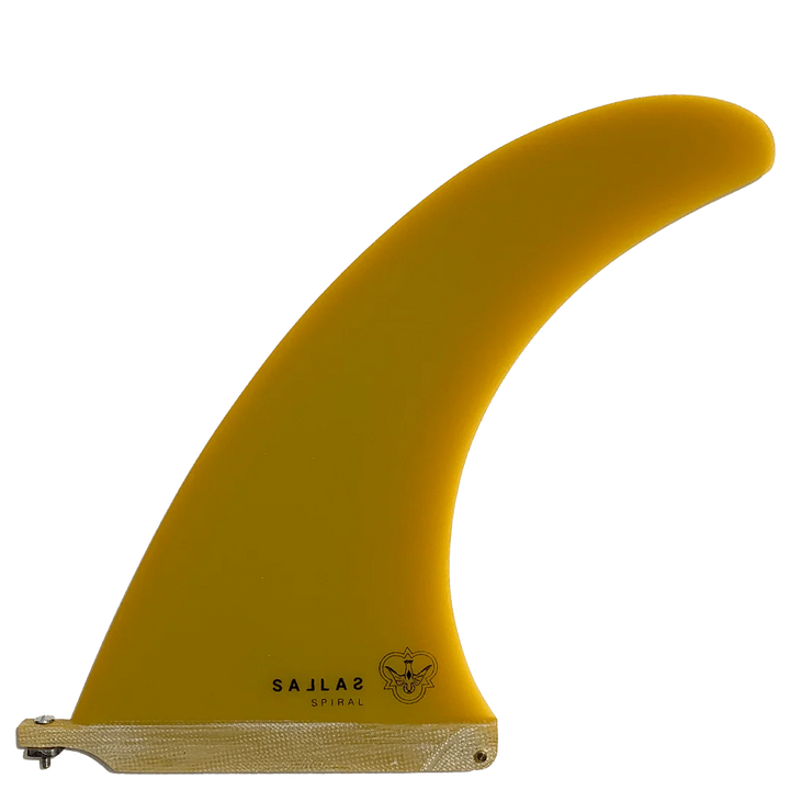 Yellow Flying Diamonds surf fin with branding on a white background