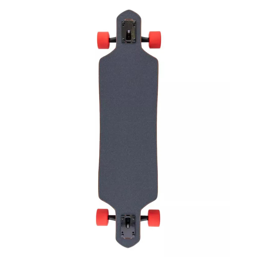 Black longboard with red wheels on a white background