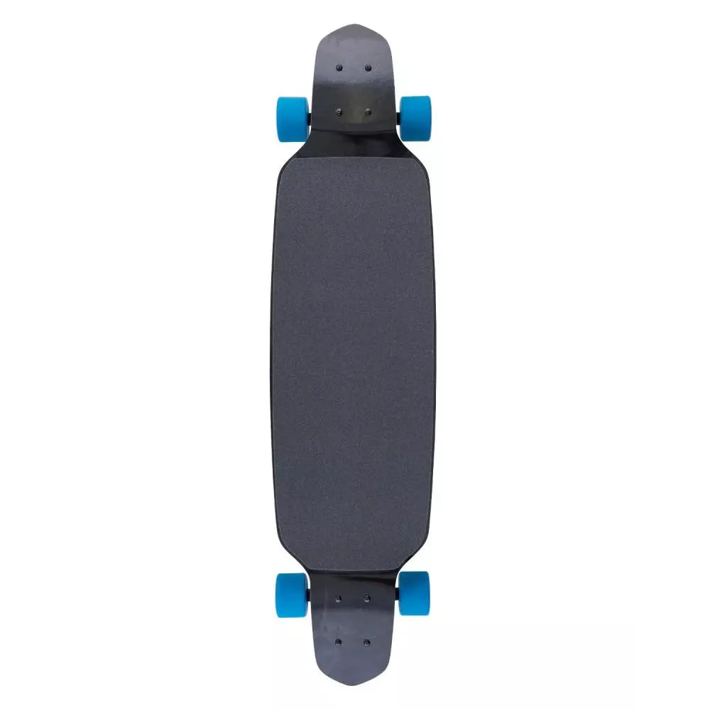 Gray skateboard with blue wheels on a white background