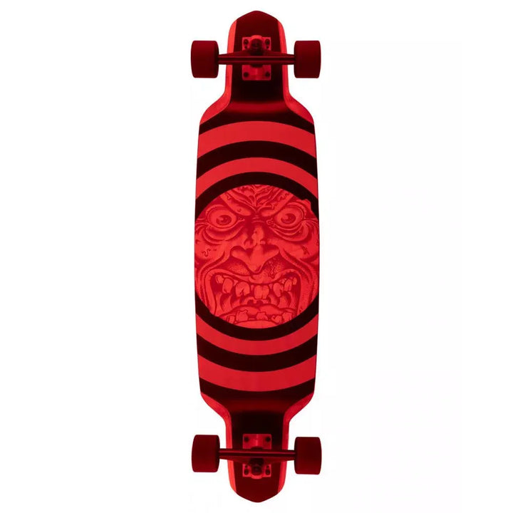 Red and black striped skateboard with a tribal design on a white background