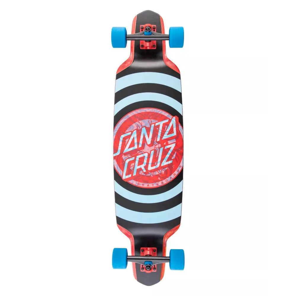 Santa Cruz skateboard with black, red, and blue design on a white background
