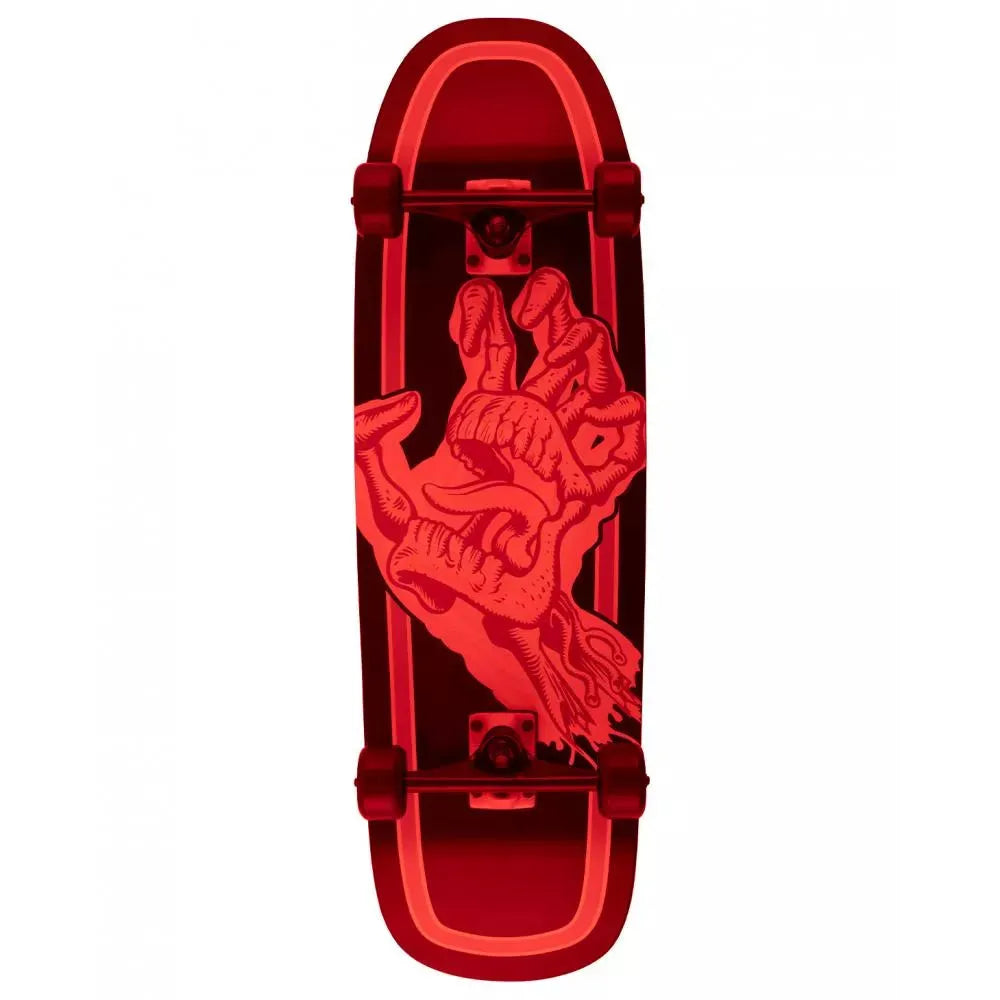 Red skateboard deck with a hand design on a white background