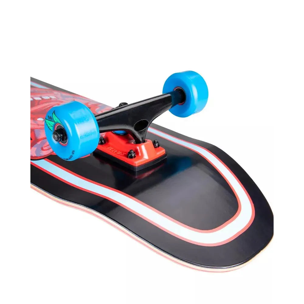 Close-up of a skateboard with blue wheels on a white background