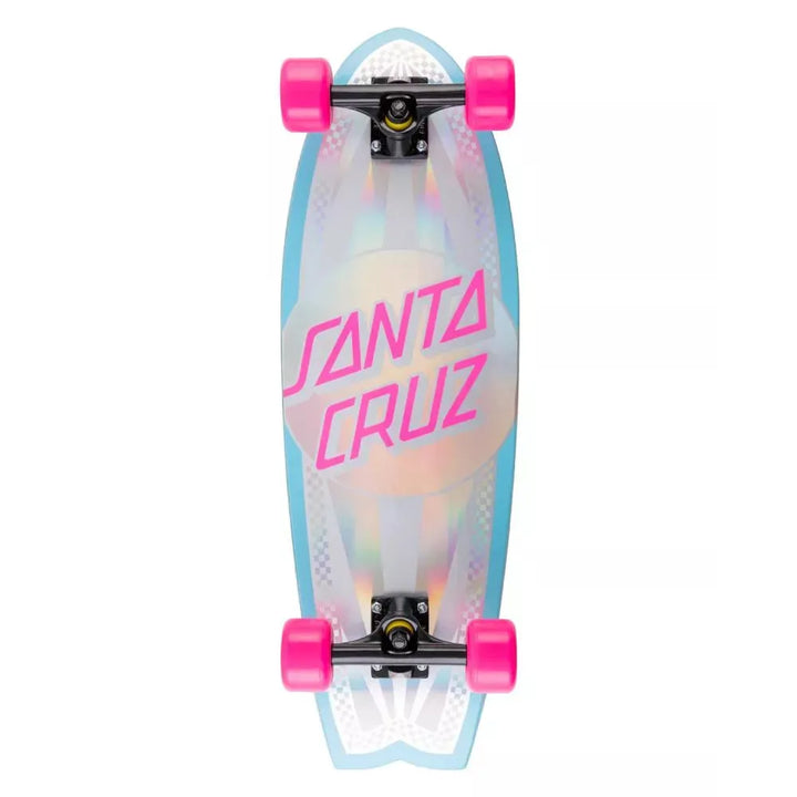 Santa Cruz skateboard with pink text and wheels on a white background