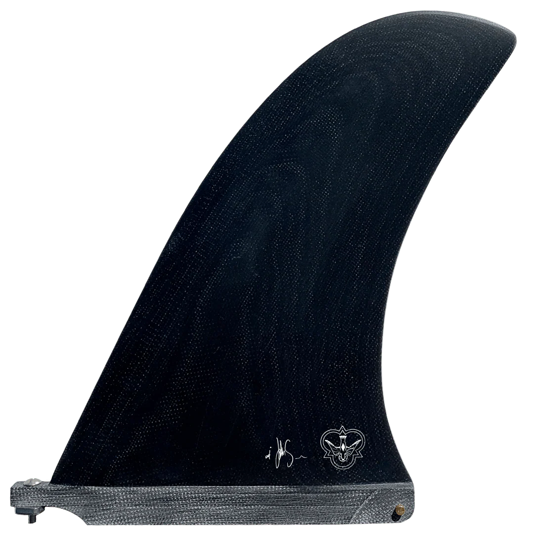 Black surfboard fin with branding on a white background