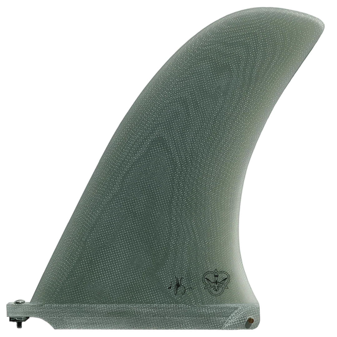 Green textured surfboard fin on a white background