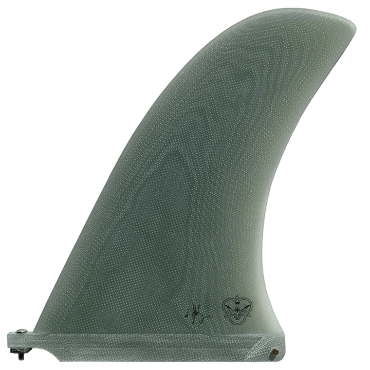 Green textured surfboard fin on a white background