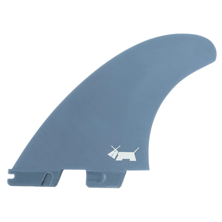 Blue surf fin with a white dog logo on a white background