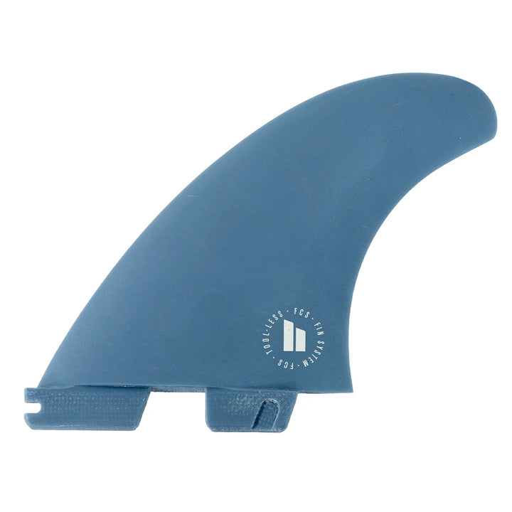 Blue surf fin with a logo on a white background