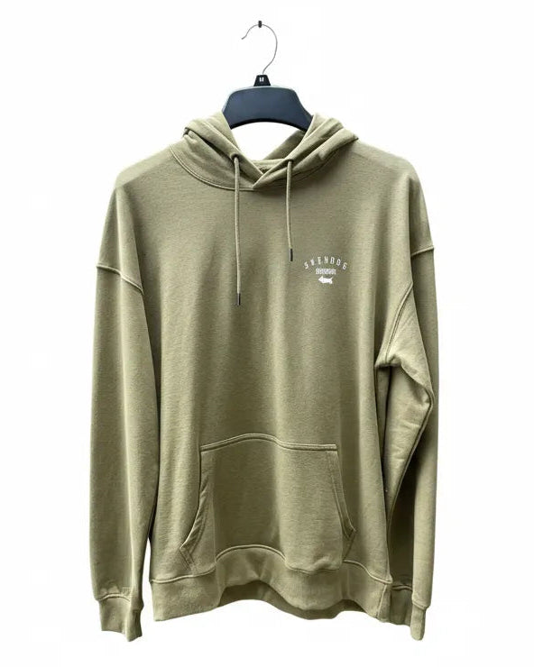 Green hoodie with a brand logo on a white background