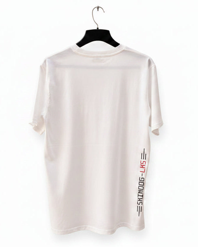 A white short-sleeve t-shirt hanging on a black hanger against a white background. The back of the shirt features a vertical graphic print on the lower right side with the text &