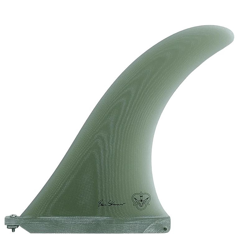 Green surfboard fin with branding on a white background