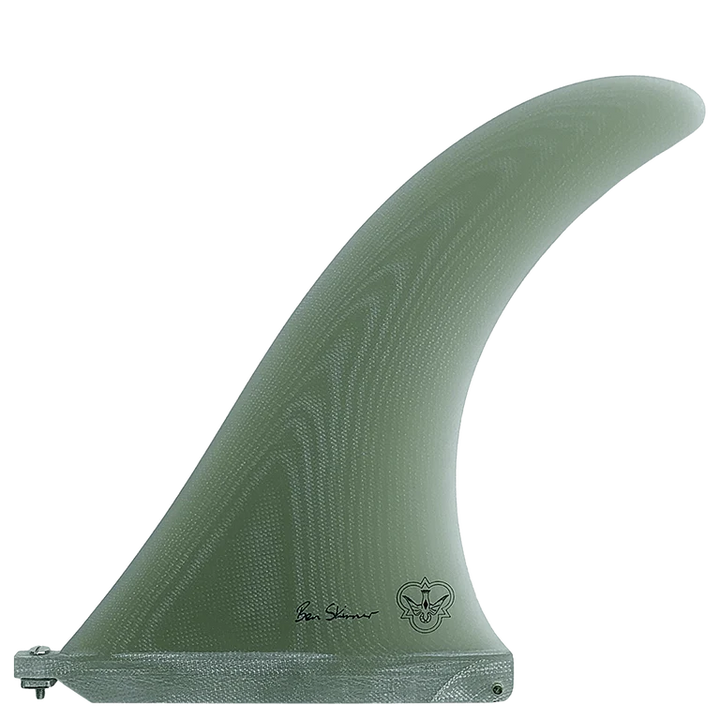 Green surfboard fin with branding on a white background