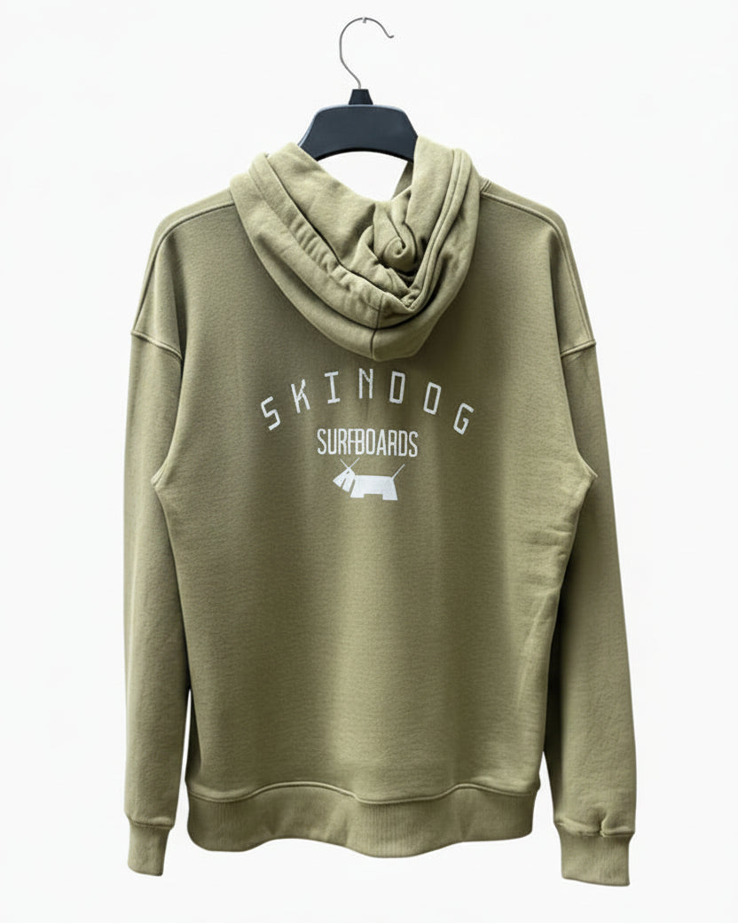 Green hoodie with 'Skindog Surfboards' logo on a white background