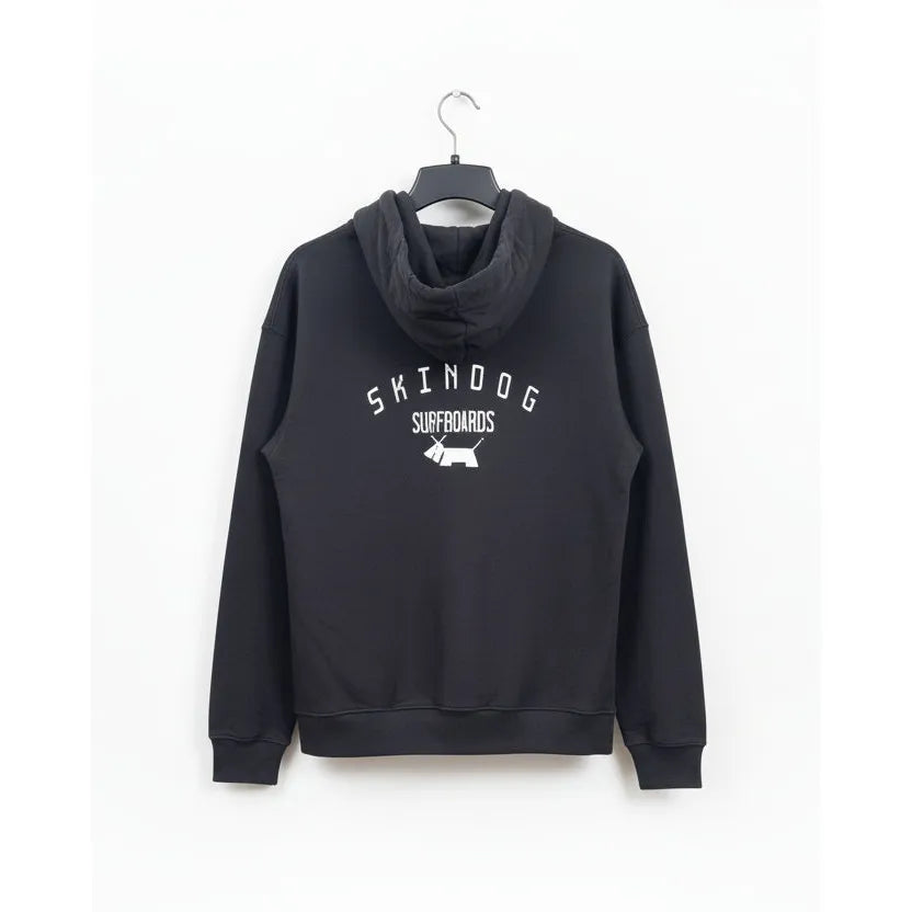 Dark grey hoodie with 'Skindog Surfboards' logo on a white background