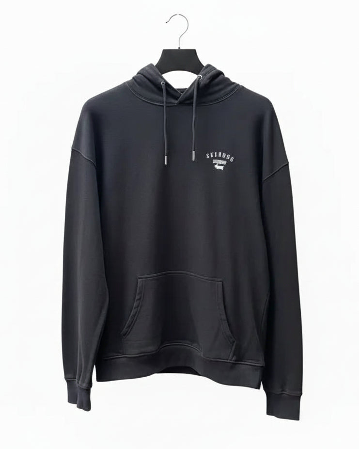 Dark grey hoodie with a brand logo on a white background