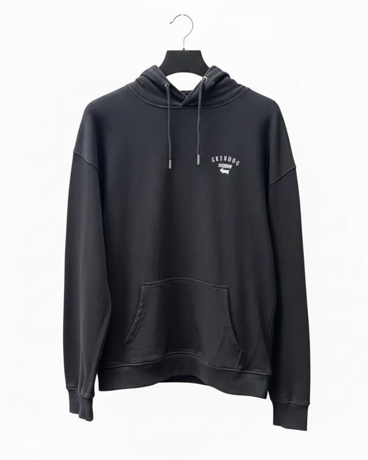 Dark grey hoodie with a brand logo on a white background