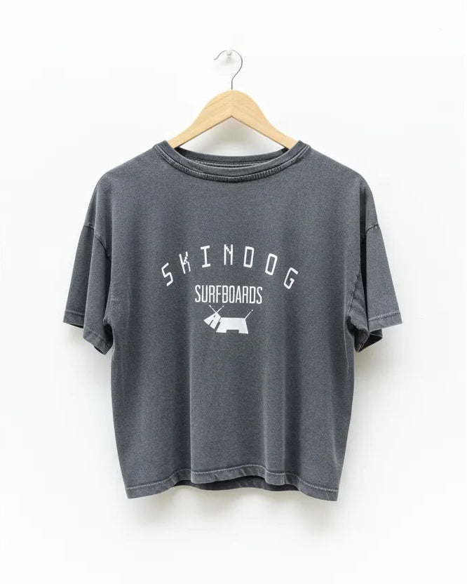 Dark grey ladies' t-shirt with 'Skindog Surfboards' logo on a white background