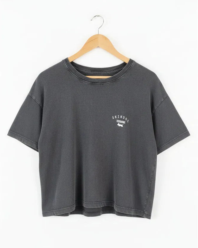 Dark grey ladies' t-shirt with a Skindog chest logo on a white background