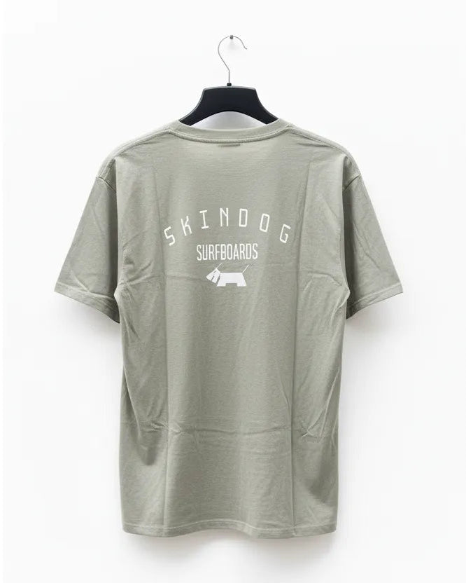 Green t-shirt with 'Skindog Surfboards' logo on a white background
