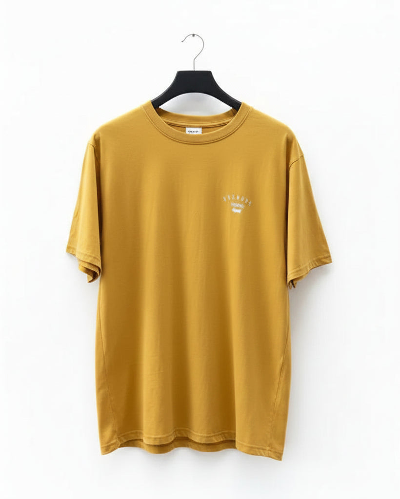 Yellow t-shirt with a logo on a white background