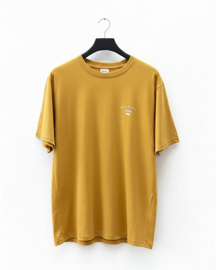Yellow t-shirt with a logo on a white background