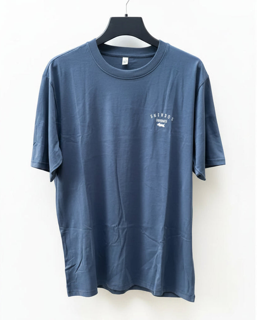 Blue t-shirt with a logo on a white background