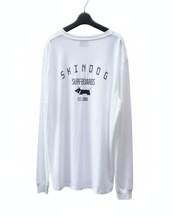 White long-sleeve shirt with 'Skindog Surfboards' logo on a white background