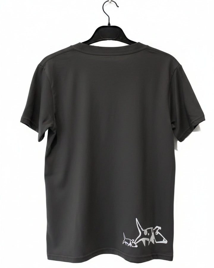 Black t-shirt with a white dog graphic on a hanger against a white background