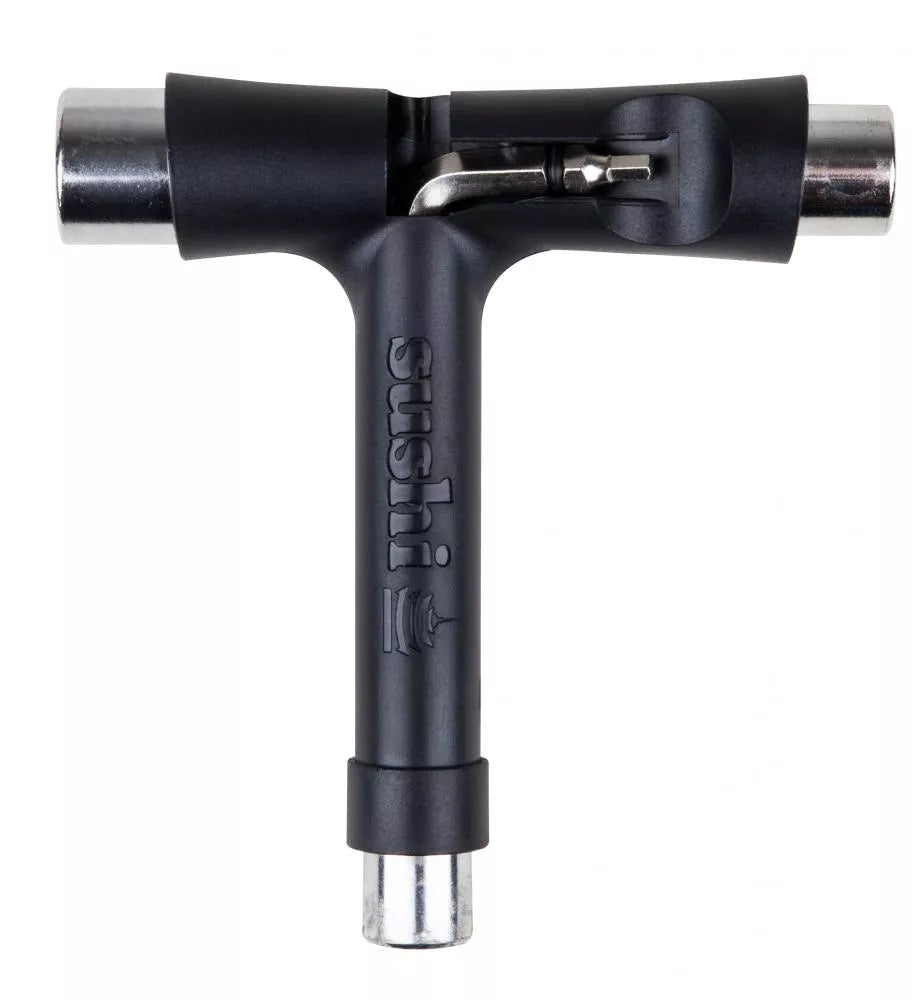 Black and silver T-shaped skateboard tool with &