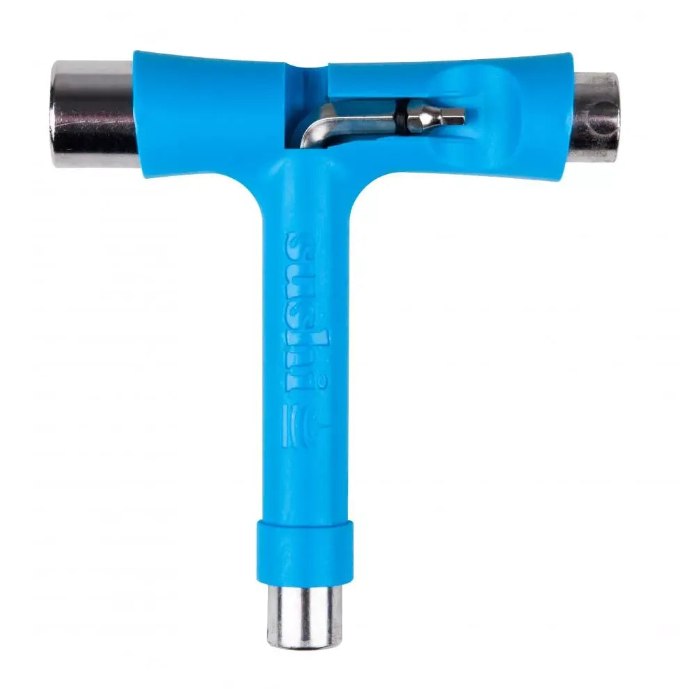 Blue and silver T-shaped skateboard tool with 'Sushi' branding on a white background