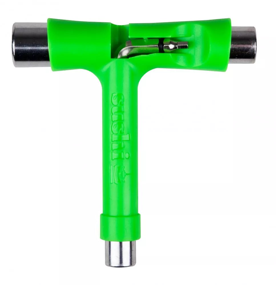 Green and silver T-shaped skateboard tool with &