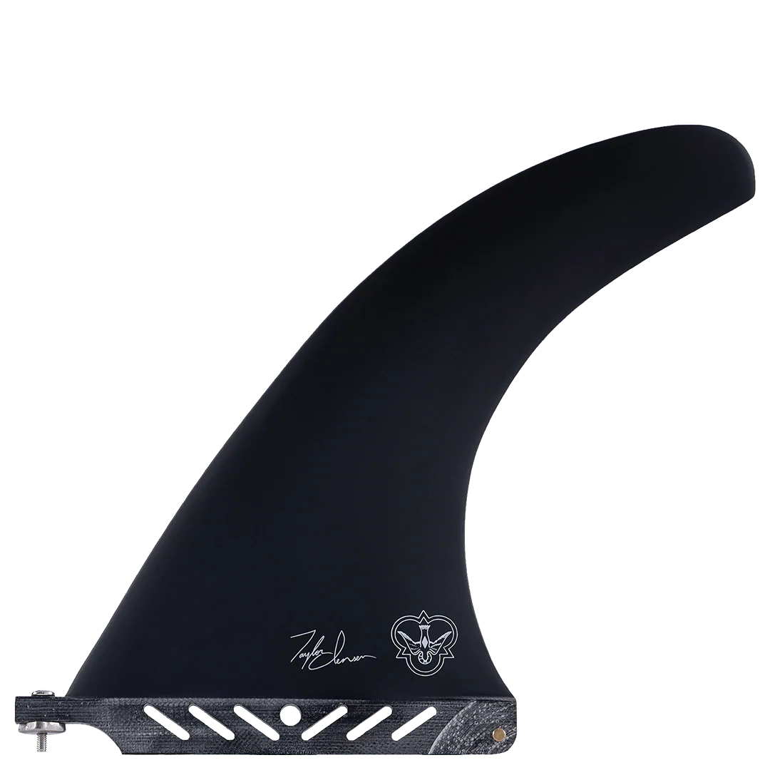 Black surfboard fin with branding on a white background