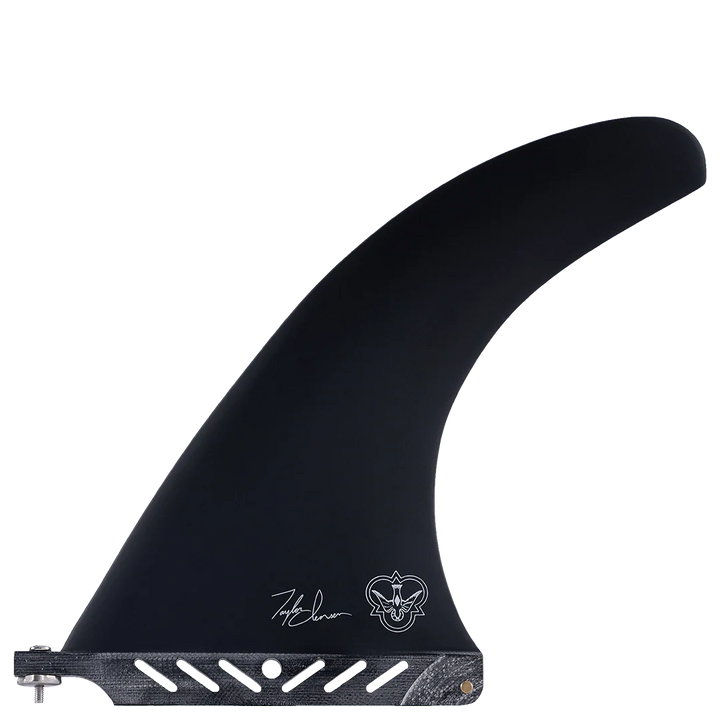 Black surfboard fin with branding on a white background