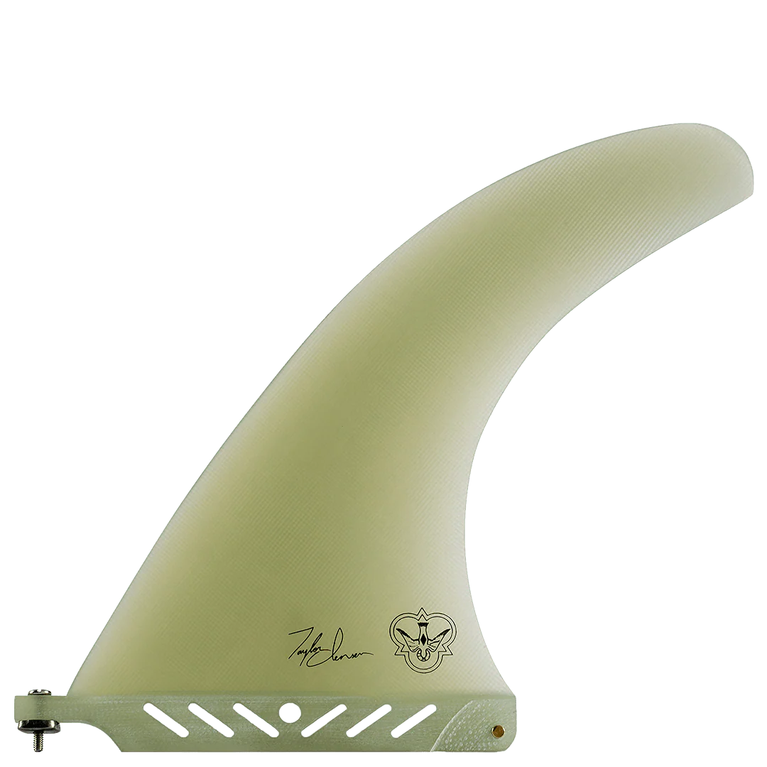 Light green surfboard fin with branding on a white background