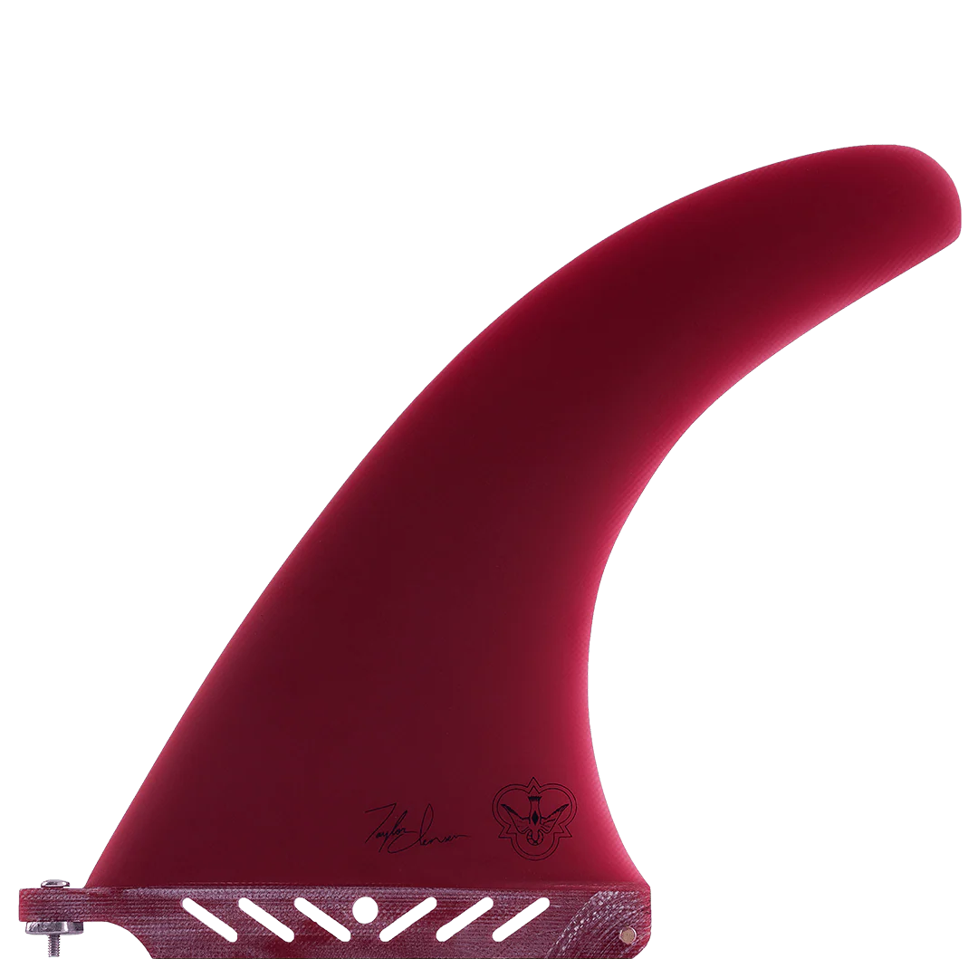 Red surfboard fin with branding on a white background
