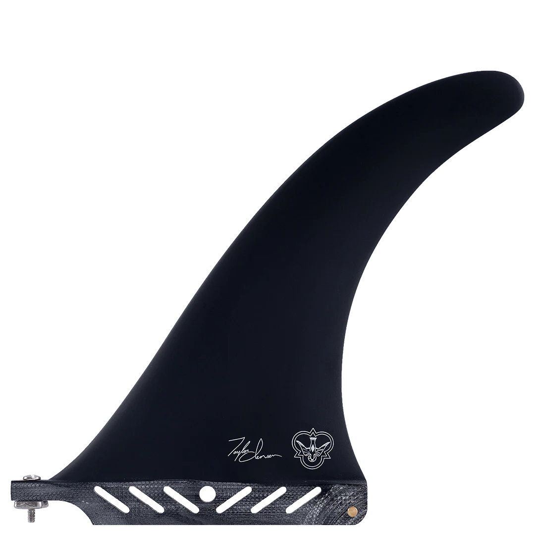 Black surfboard fin with branding on a white background