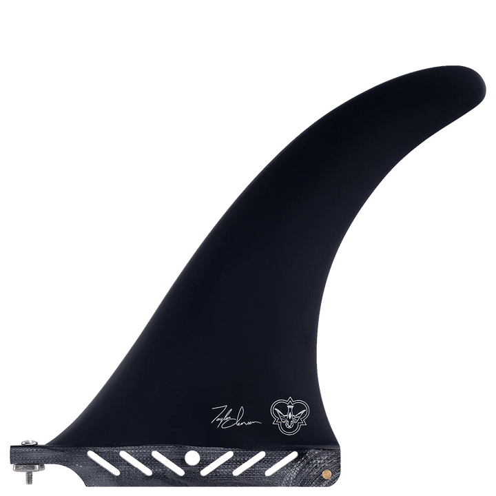 Black surfboard fin with branding on a white background
