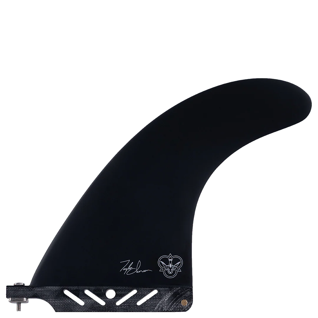 Black surfboard fin with signature branding on a white background