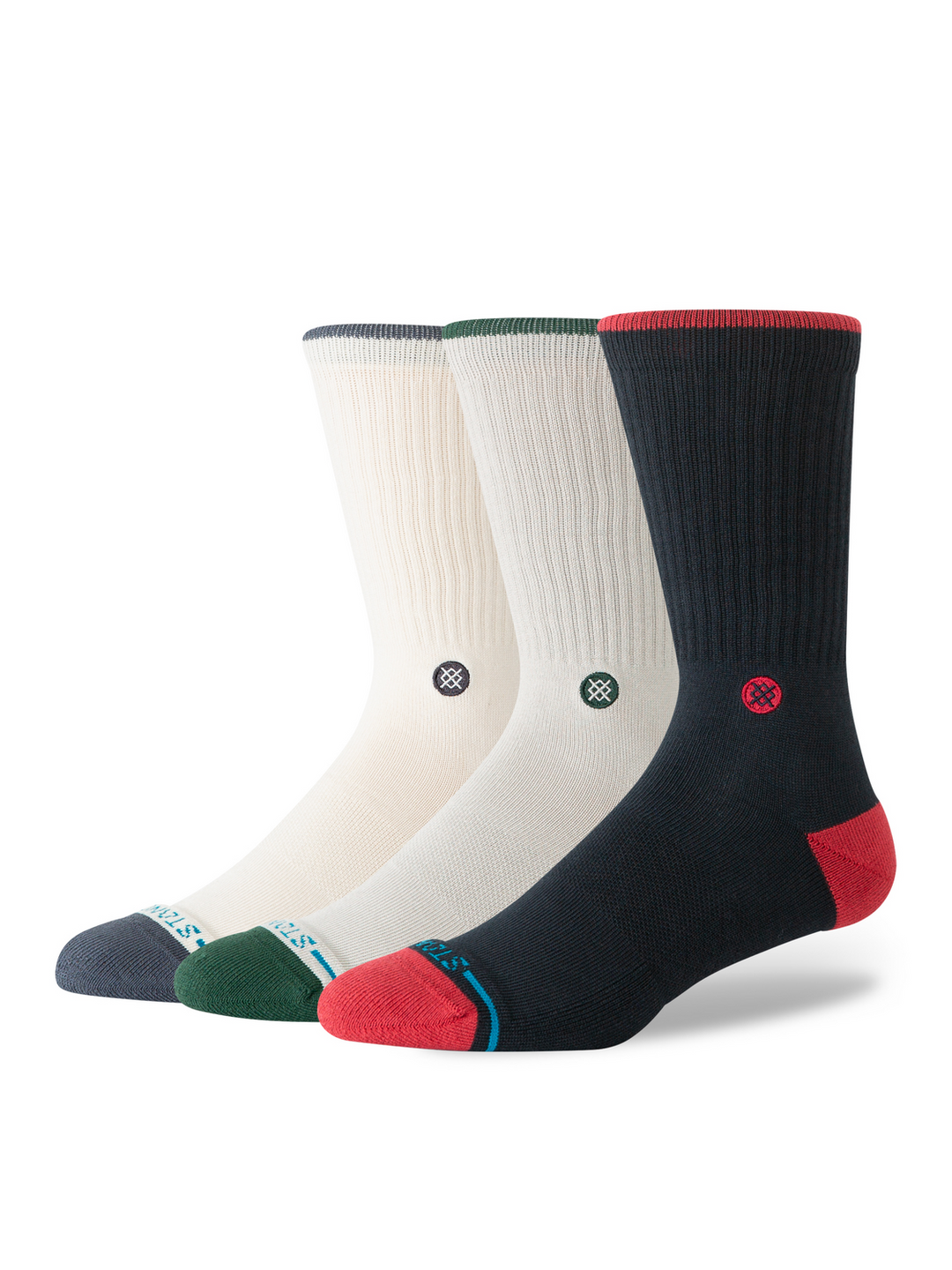 Three pairs of socks in black, white, and red with brand logos on a white background