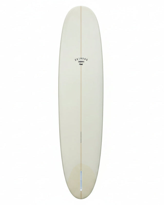 Longboard surfboard in a cream finish with black logo on a white background