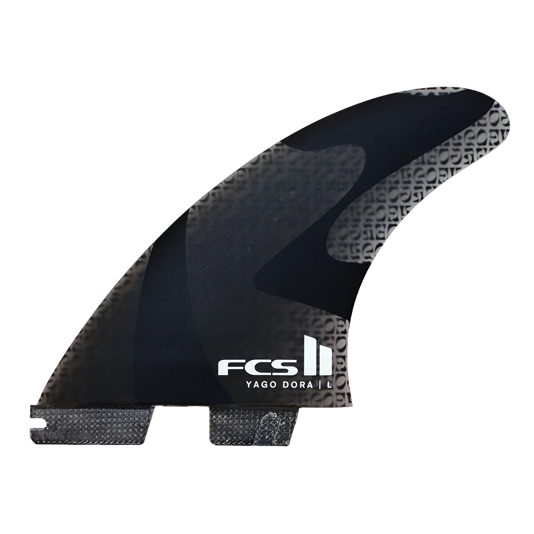 Black surf fin with 'FCS II' branding on a white background
