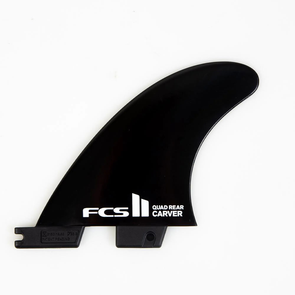 Black surfboard fin with FCS branding on a white background