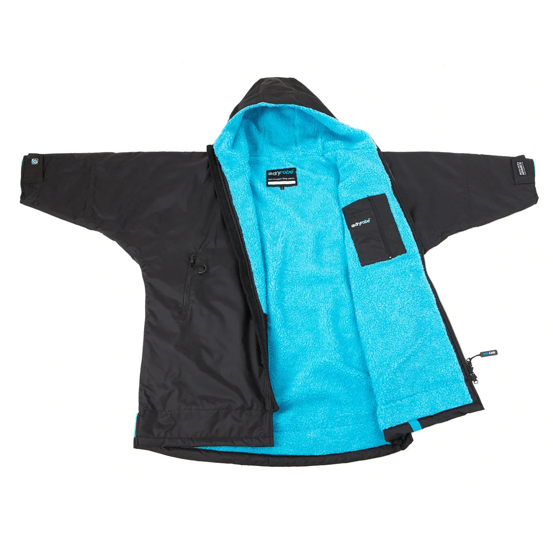 Black and blue Dryrobe with a visible brand logo on a white background