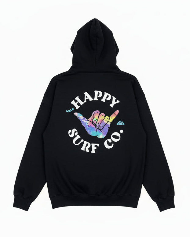Black hoodie with 'Happy Surf Co.' text and colourful hand sign on a white background