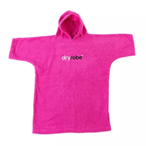 Pink hooded towel with 'dryrobe' logo on a white background