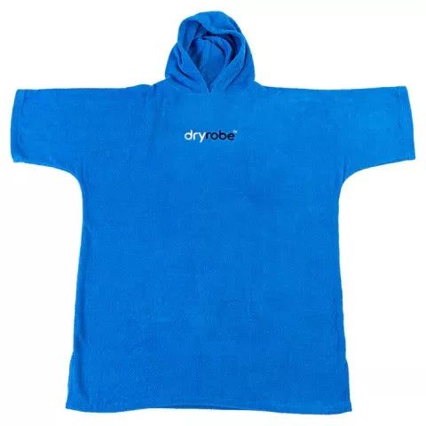 Blue hooded towel with 'dryrobe' logo on a white background