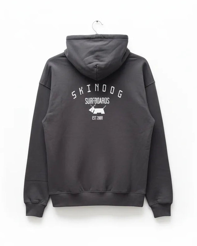 Black hoodie with 'Skindog Surfboards' logo on a white background
